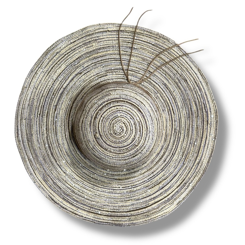Indigo Soul Tan Metallic Silver Sequin Wide Brim Floppy Straw Sun Summer Hat - Picture 6 of 8